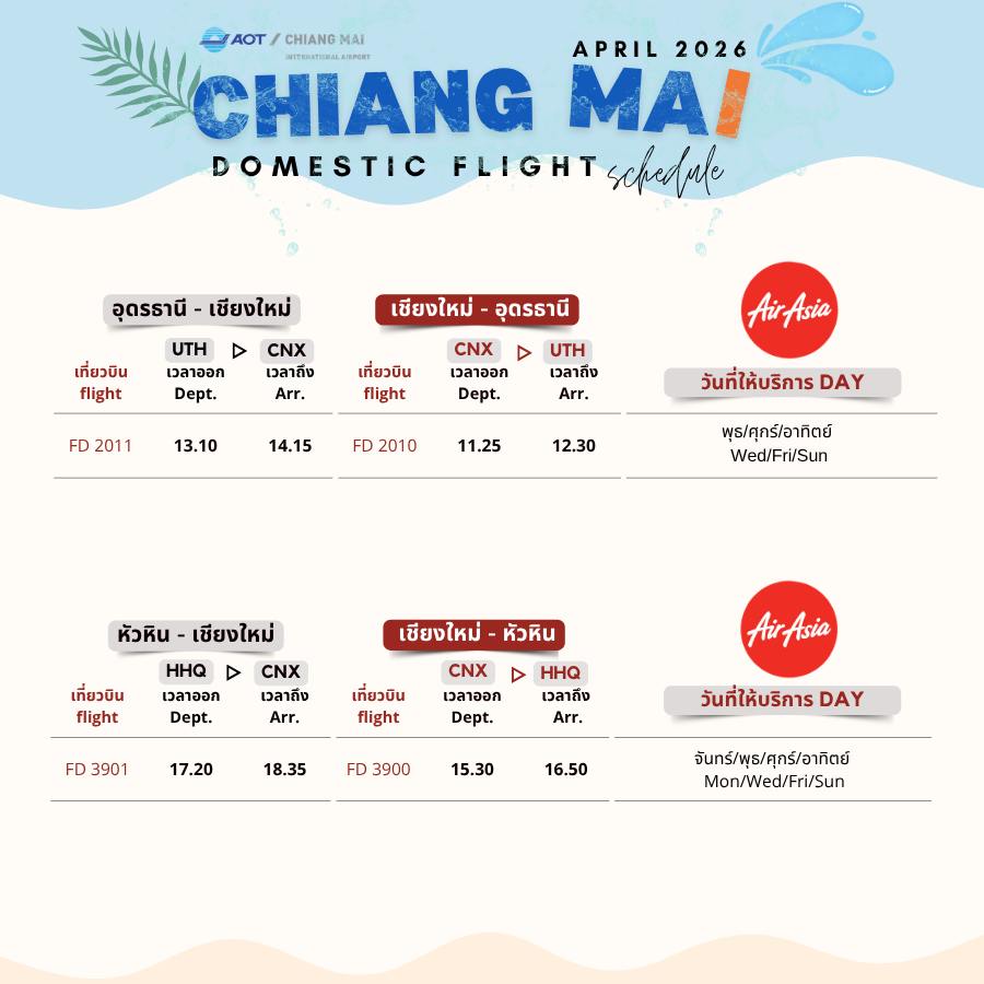 สายการบินไทยเเอร์เอเชีย เชียงใหม่-อุดร-เชียงใหม่และเชียงใหม่-หัวหิว-เชียงใหม่