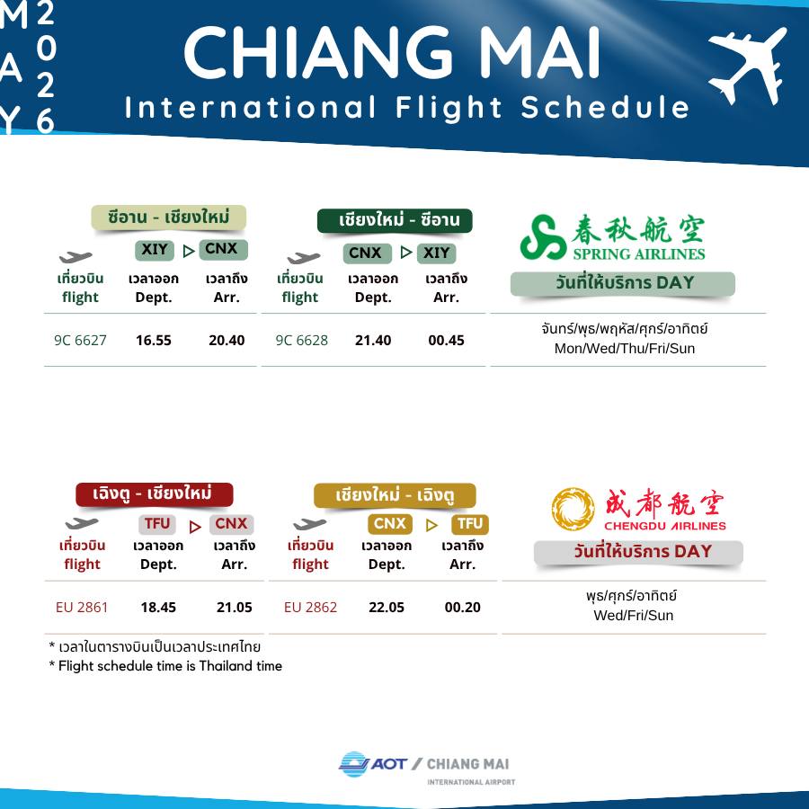SPRING AIRLINES XIY-CNX-XIY, CHENGDU AIRLINES TFU-CNX-TFU